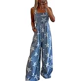 chouyatou Women's Loose Adjustable Strap Denim Bib Overalls Stars Print Wide Leg Baggy Long Jeans Jumpsuit