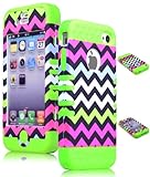 Bastex Heavy Duty Hybrid Case for iPhone 4, 4s, 4th Generation - Green Silicone / Multi Color Chevron Hard Shell