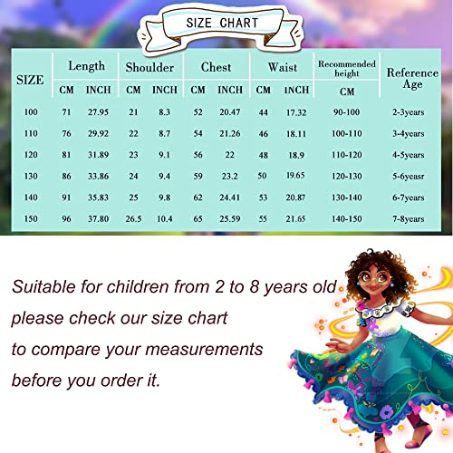 Mirabel Costume Dress Encanto for kid, Isabela Madrigal Dress Up Halloween Princess Cosplay for Child With Glasses Earrings (110cm for 3-4Years, Mirabel)