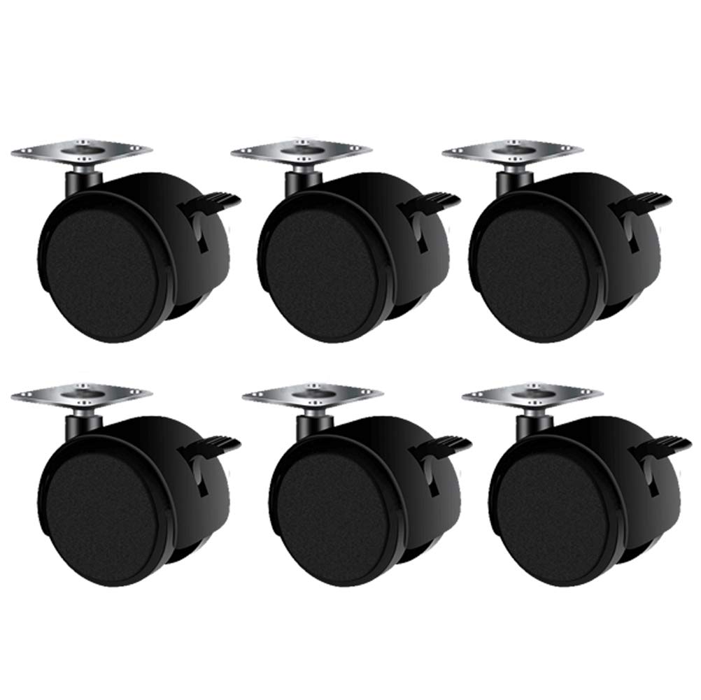 Twin Wheel Furniture Castors, Tiberham 40mm 360° Swivel Nylon Wheel Casters with Brake, Heavy Duty Non Marking Universal Swivel Caster Trolley Wheel with Fixing Plate (Pack of 6)