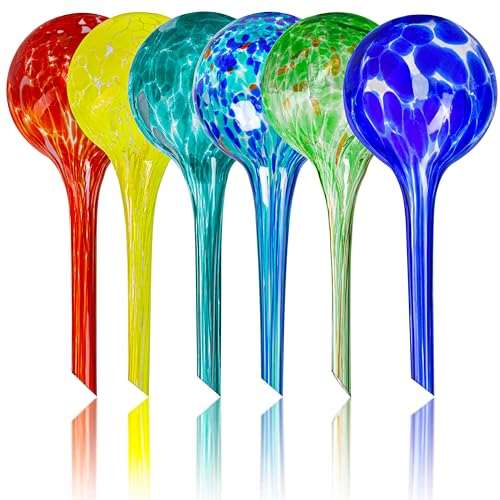 Plant Watering Globes Set of 6 - Small Glass Self Watering Globes for Indoor & Outdoor Plants - Multicolor Passive Watering Devices for Short Term Soil Moisture Support Bulbs