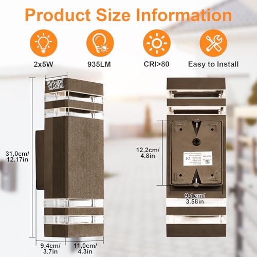 CELAVY Outdoor Wall Lights Mains Powered Outside Up Down Lights, IP65 LED Porch Front Door Light, Waterproof Square GU10 Exterior Modern Lighting External Electric Sconce Lamp for House, Brown