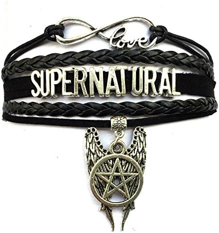 Happy GiftMart Supernatural Bracelet with Castiel Charm and Pentagram Metal and Leather Bracelet for Woman and Girls