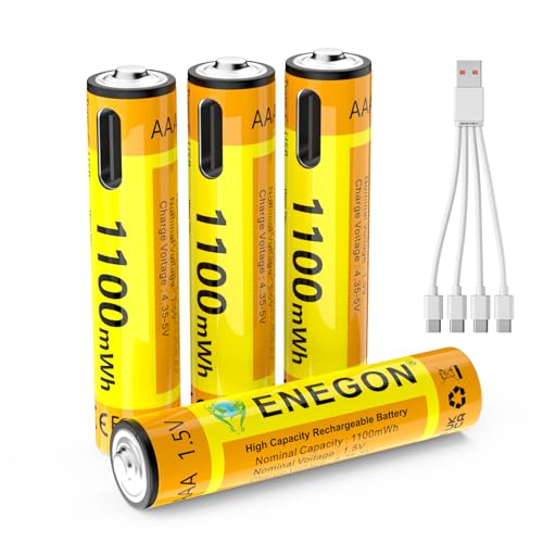 ENEGON USB-C Rechargeable AAA Batteries 1100mWh (4-Pack) - 1.5-2H Fast Charge, 1.5V Stable Output for High-Drain Devices, No Extra Charger Needed