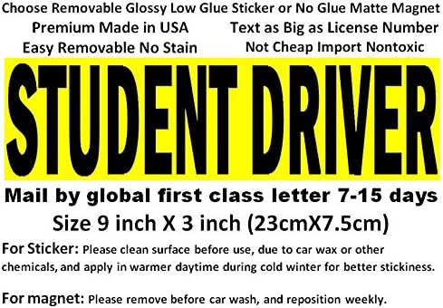 Student Driver magnet sign, easy removable and reusable magnetic bumper sticker. Made in USA 9X3, text as big as license number, not reflective so no glares at night for easy reading