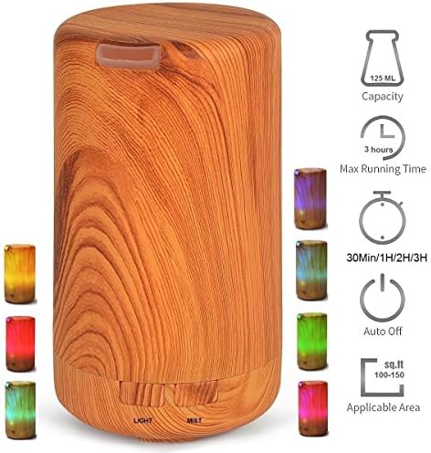 Essential Oil Diffuser Aroma Therapy 125ML Mini USB Wood Grain Ultrasonic Humidifier Timing(30Min/1H/2H/3H/Turn off ) Waterless Auto Shut-off with 7 Color Light Changing for Home Office Baby Yoga Spa