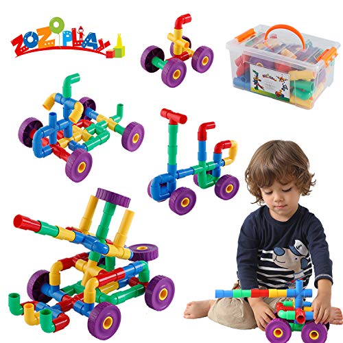 ZoZoplay STEM Learning Toy Tubular Pipes & Spouts & Joints 64 Piece Build Bicycle, Tank, Scootie, Moter Skills Endless Designs Educational Building Blocks Set for Kid Ages 3+ Multicolor - Thumbnail 6