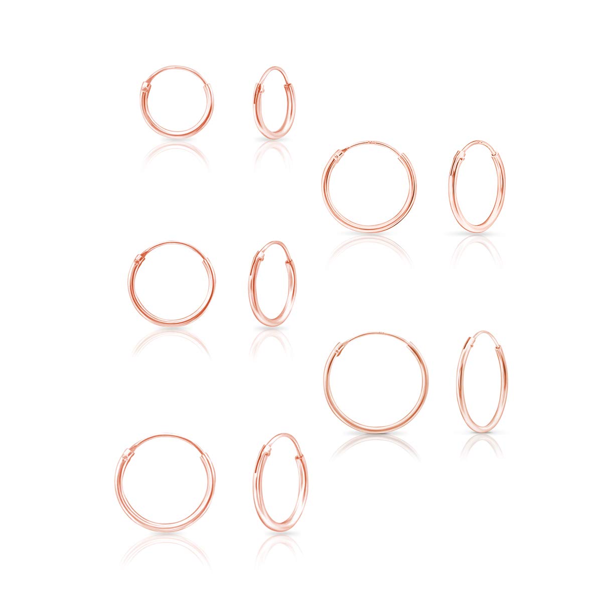 DTPsilver® Set of 5 Pairs of Tiny Hoops Earrings 925 Sterling Silver Rose Gold Plated - Thickness 1.5 mm - Diameter 10, 12, 14, 16, 18 mm