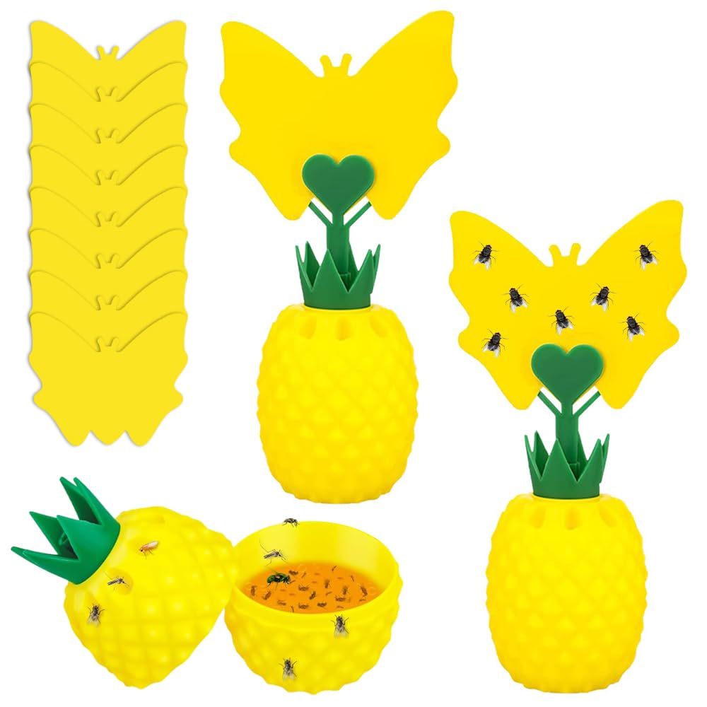 Dhqkqg Fruit Fly Traps, 2 Pack Fruit Fly Killer with 8 Pcs Yellow Double-Sided Sticky Pads, Fungus Gnat Killer, Non-Toxic Reusable Fly Catcher for Indoor Home Kitchen Plant