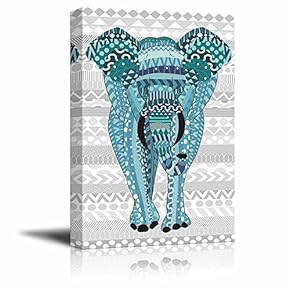 Blue Hand-Drawn Zentangle Elephant on a Silver Colored Zentangle Background - Canvas Art Home Art - 12x18 inches