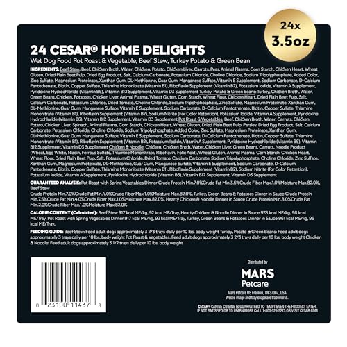 CESAR HOME DELIGHTS ADULT WET DOG FOOD, POT ROAST WITH SPRING VEGETABLES, BEEF STEW, TURKEY, GREEN BEANS, & POTATOES, AND HEARTY CHICKEN & NOODLE VARIETY PACK, 3.5 OZ. (24 COUNT, PACK OF 1)