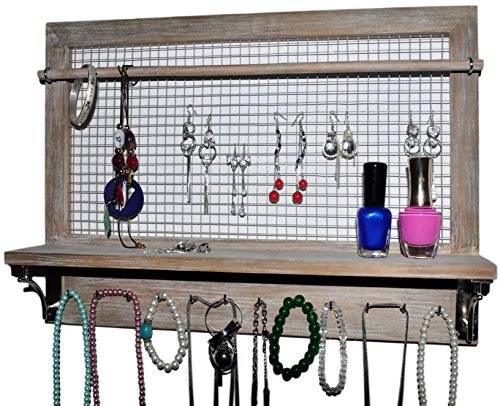 Spiretro Wall Mount Jewelry Organizer Holder with Hooks Shelf Rod hanging Earrings Necklaces Bracelets Rings Storage Accessories Rustic Reclaimed Wood