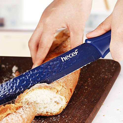 Hecef Galaxy Blue Kitchen Knife Set of 5, Non-slip Metallic Ceramic Coated Chef Knife Set, Hammered Blade with Plastic Handle and Protective Blade Sheath