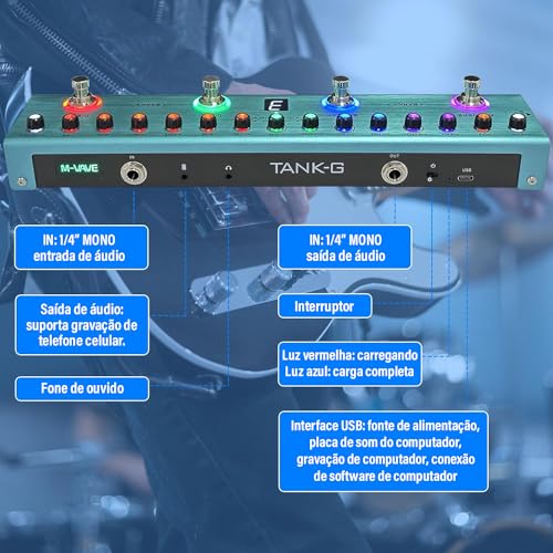 Pedal de guitarra Pure Digital Multi Effects Reverb Delay MOD AMP Bateria de lítio recarregável integrada TANK G M-VAVE Cuvave cube baby 36 Presets, 9 Preamp Slots, 8 IR Cab Slots, 3 Simulação, Delay