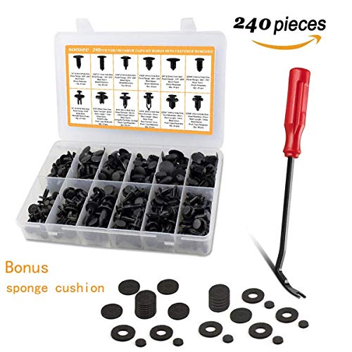 Soosee 240Pcs 18 Size Automotive Fasteners Car Plastic Push Pin Rivet Trim Clip Assortment Car Retainers Kit-Gifts Fastener Remover,Sponge Cushion and Crowbar