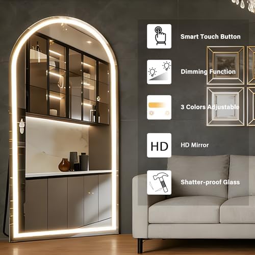 Gewölbter Spiegel in voller Länge mit Beleuchtung, 180x80cm Beleuchteter Bodenspiegel, LED-Spiegel Wandmontiert Dimmbar & 3-Farben-Beleuchtung für Schlafzimmer, Weiß