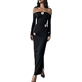 SweatyRocks Women's Off The Shoulder Maxi Dress Metal Flower Ruched Long Sleeve Elegant Bodycon Dresses with Slit