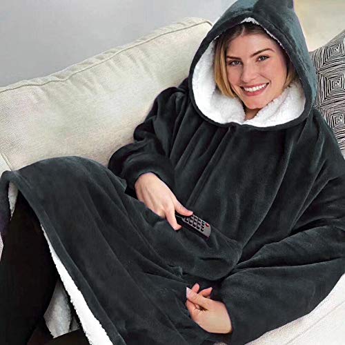 Hoodie Outdoor Winter Hooded Coats Warm Slant Hooded Robe Bathrobe Sweatshirt Fleece Pullover Blanket for Men Women Gray