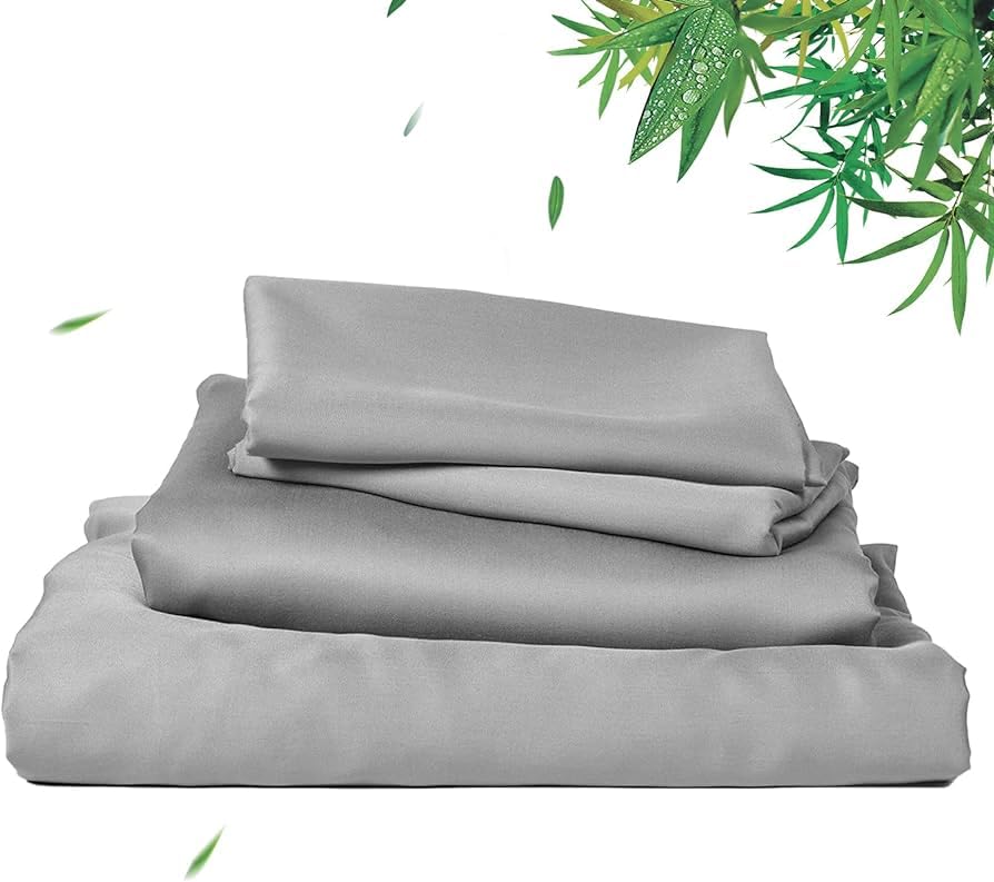 Waterlily 100% Bamboo Lyocell Bedding Set 4 Pcs Duvet Cover Flat Sheet Pillowcases Double King Size Organic Natural Soft Vegan Silk Luxury Bed Linen (Grey, Double)