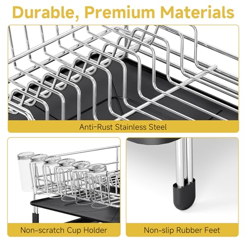 Urackify Large Dish Drying Rack, Expandable Dish Rack with Drain Board, Dish Drainer for Kitchen Couter, Dish Dryer Rack with Cups and Cutlery Holders, Stainless Steel Silver