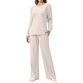 EYZH Women's 2-Piece Lounge Set,Travel Outfits - Long Sleeve Crewneck & Wide-Leg Pants Tracksuits, Side Slit Fall Loungewear