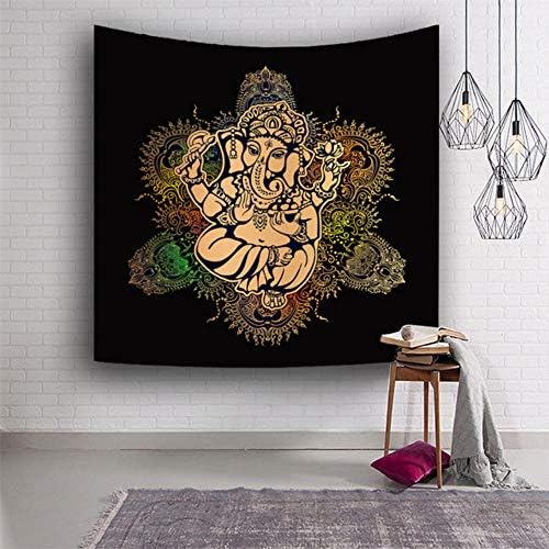 QLIYT Indian Tapestry Black Background Elephant Wall Hanging Ganesha Tapestries Digital Printing Wall Decor