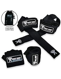 Muñequeras + correas de elevación Combo Set w bolsa de transporte   Profesional Grado Heavy Duty mano y Muñeca Soporte de levantamiento de pesas, Crossfit, levantamiento de potencia, culturismo, entrenamiento de peso, entrenamiento