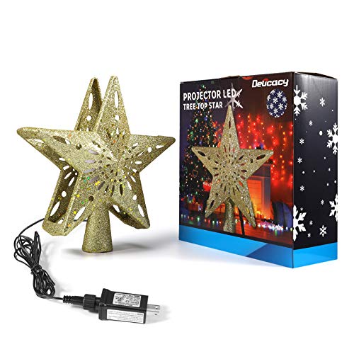 Delicacy Christmas Tree Topper, Lighted Star Tree Toppers with LED Rotating Snowflake Projector Lights, Gold Star Snow Tree Topper for Holiday Party Xmas Tree Decorations