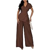 MakeMeChic Women's Elegant 2 Piece Outfits Short Sleeve V Neck Belted Blouse and Pants Clothing Set