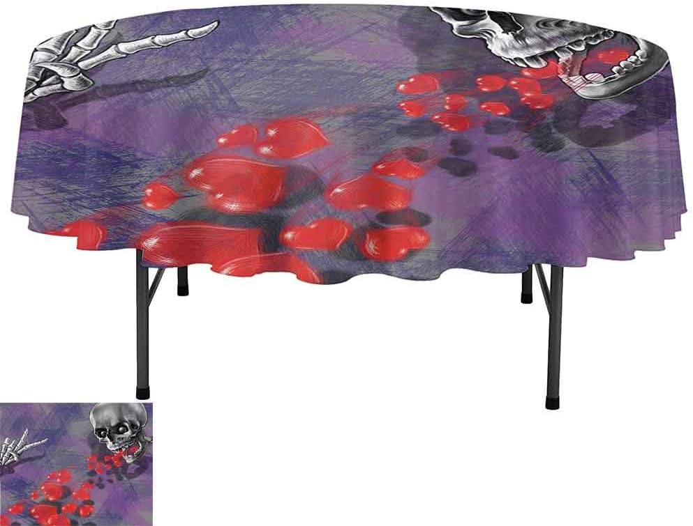 Polyester Fabric Tablecloths, D67 Inch Tablecloth for Restaurant Party, Skull Decor Skeleton in Love Throw Out Puke of Hearts Deadly Romantic Gesture Art Grey Red and Purple