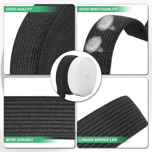 Elastic For Sewing 20Mm, 7 Meters Black & White Elastic, Flat Elastics Heavy Stretch High Elasticity With Scissor, Stretchable Waistband Diy, Wig Band, Trouser, Headbands (2Pcs)