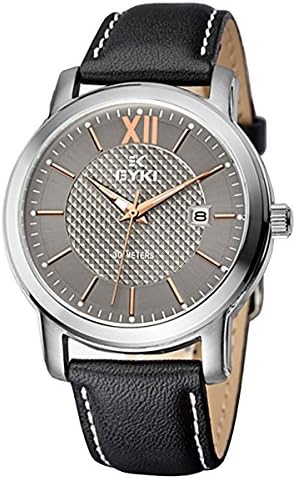EYKI Waterproof Mens Black Leather Luminous Analog Quartz Dress Stainless Steel Watch with Date