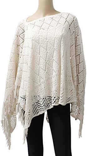 LL- Open Knit Short Asymmetric Pullover Poncho Sweater Top with Fringe (Ivory Diamond)