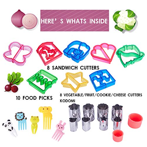Sandwich Cutters Set for Kids Bento Lunch Box accessories - 8 Bread Crust Cutters + FREE 8 Stainless Steel Mini Vegetables Fruit Shapes Cookie Cutters + 5 FREE ANIMAL FOOD PICKS