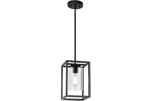 VINLUZ 1 Light Farmhouse Pendant Lighting Black Cage Chandelier Glass Shade Contemporary Modern Kitchen Island Lights Fixtures Ceiling Hanging Dining Room Living Room
