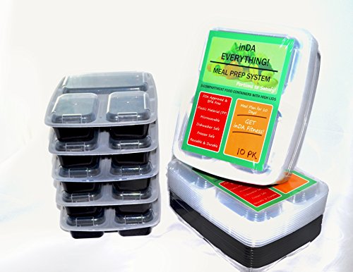 Meal Prep 3-Compartment 32 oz. 10 pack Food Container, Weight Loss and Portion Control, BPA Free, FDA Approved, Quality Containers, Microwaveable, Freezer and Dishwasher Safe, Reusable and Durable