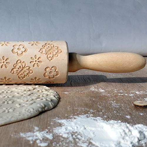 Valentine's Day Wooden Rolling Pins, Wenini Engraved Carved Embossed Rolling Pin with Valentine's Day Symbols for Baking Embossed Cookies for Kitchen Tool (Butterfly) - Thumbnail 3
