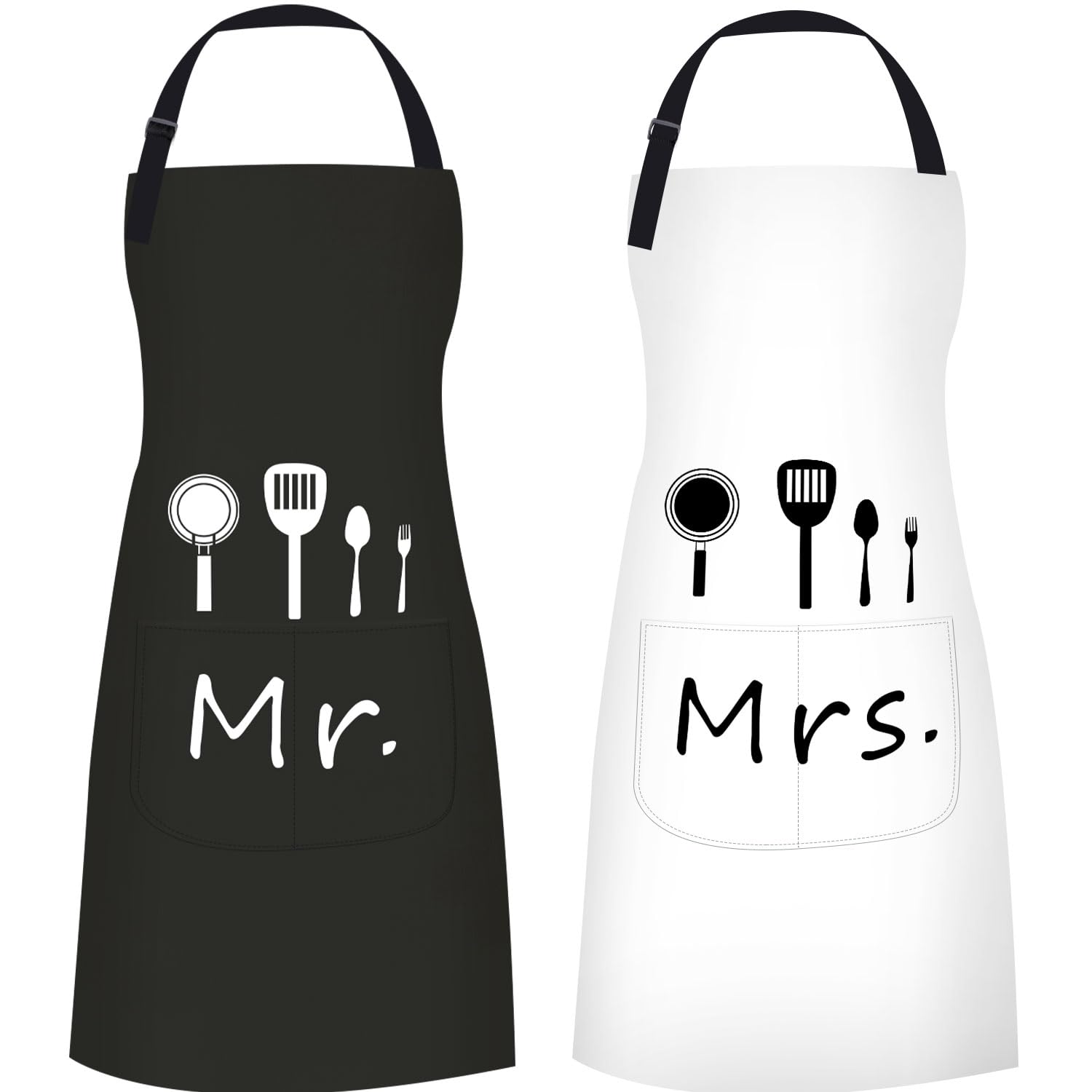 ETLEE Mr & Mrs Kitchen Apron, Cooking Apron with Adjustable Neckband and 2 Pockets, Can Be Used for Barbecues by Men and Women in the Garden, Black & White, 85*70cm