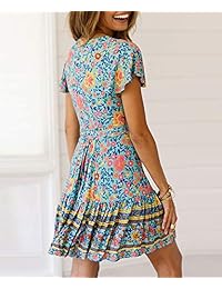 Vestido de verano para mujer con cuello en V, estampado floral bohemio, volantes, mini vestidos de sol