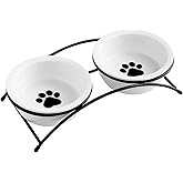 ZONEYILA Elevated Cat Bowls, Dog Bowl, Ceramic Raised Cat Food Water Bowl Set with Metal Stand for Indoor Cats Small Dog, Prevent Neck Pain,12 Ounces, Cute Paw Pattern