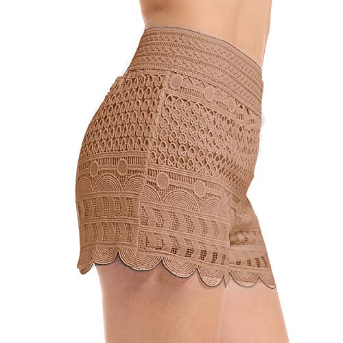 JTANIB Shorts for Women, Fitted Scallop Hem Crochet Casual Solid Floral Lace Shorts Khaki