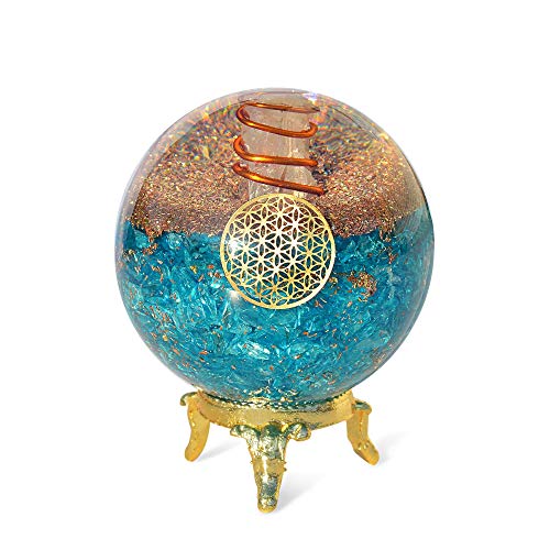 Orgonite Crystal Blue Aquamarine Crystal Ball with Stand for Positive Energy, E-emission Protection and Chakra Balancing…