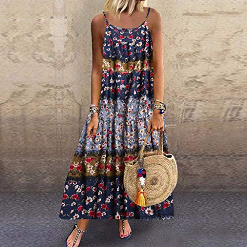 Witspace Women Plus Size Casual Loose Sleeveless Boho Retro Linen Print Long Maxi Dress
