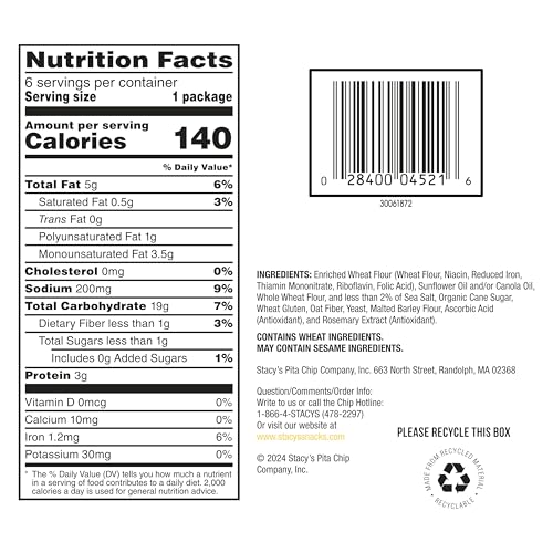 STACY’S PITA CHIPS, SEA SALT, NO ARTIFICIAL COLORS OR FLAVORS, 1 OZ (PACK OF 6)