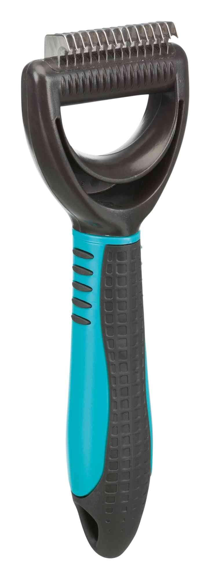TRIXIE coat detangler for detangling and thinning - smoothes top coat and undercoat - rubberised plastic handle - 1 cm tine length - 5 x 18 cm - black/blue - 24241
