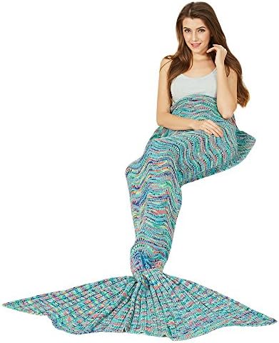 Y-stop Mermaid Tail Blanket with Scale Knit Crochet for adult Kids Girls, Super Warm Soft All Seasons Sleeping Blankets 6 Styles (Length-71", Wave-Light green)
