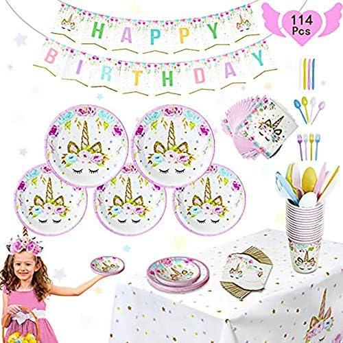 United Unicorns Best Pink Unicorn Party Supplies Set - 114 Pcs Totally 16 Guests - Unicorn Birthday Party Supplies for Girls Decorations Includes Plates, Tablecloth (114 pcs)