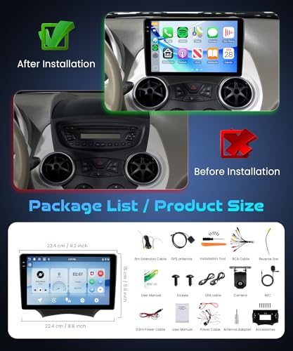 Rimoody 4G+128G Android Autoradio per Ford Ka 2008-2014 9" Schermo IN-CELL HD Touchscreen Radio Auto Carplay Android Auto Senza Fili FM/RDS/EQ WiFi Navi GPS Bluetooth Comandi al Volante Retrocamera