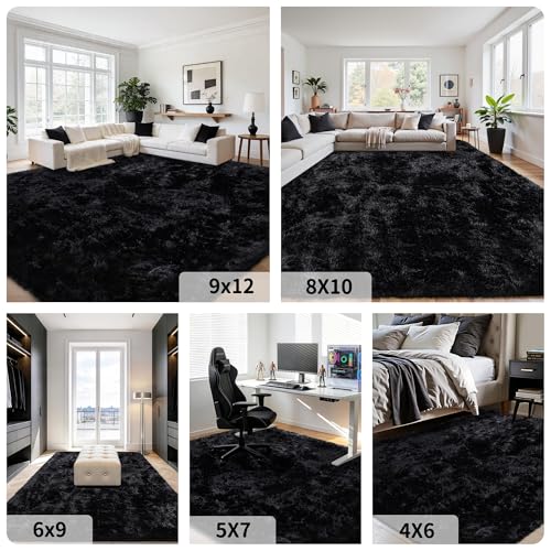 8x10 Area Rug for Living Room:Ultra Soft Fluffy Shag Black Rugs,Large Fuzzy Plush Indoor Non Slip Carpet Washable Rug for Bedroom Kids Nursery Office Dorm Modern Decor(Black)