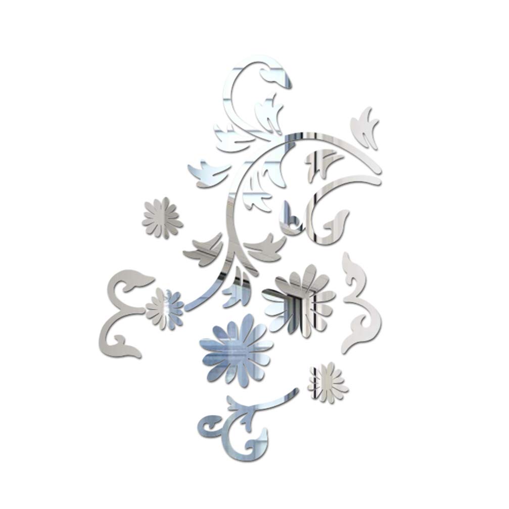 BESPORTBLE Acrylic Wall Stickers Flower Vine Mirror Wall Decal Self Adhesive Wall Art Stickers for Living Room Bedroom Decor (Silver)